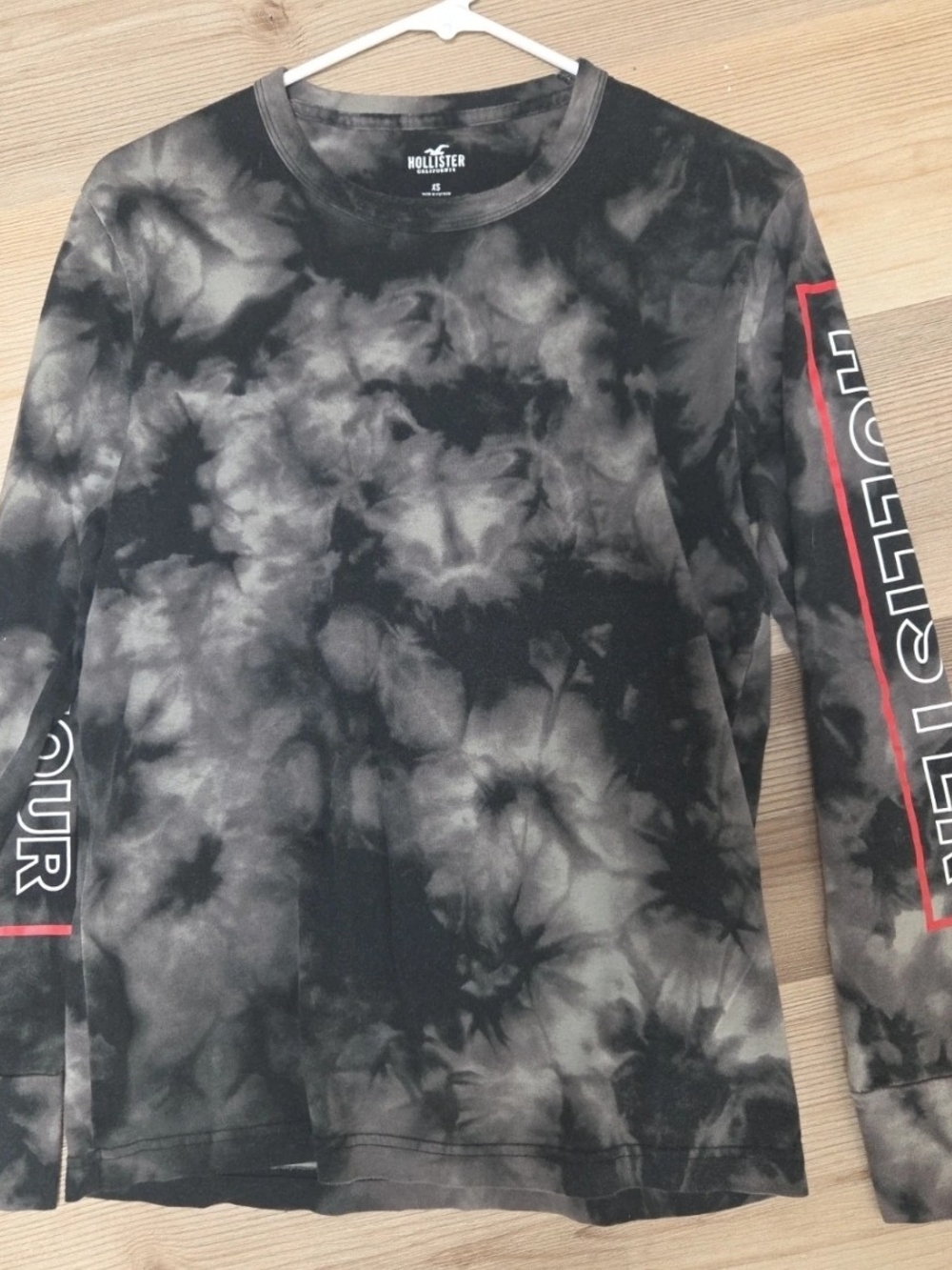 Hollister Black & Gray Tie-Dye Long Sleeve Tee with Red Sleeve Accent